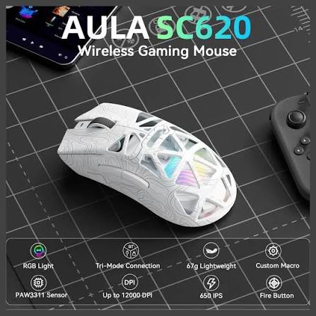Aula SC620 Wireless Gaming Mouse, Tri-Mode 2.4GHz White Gaming