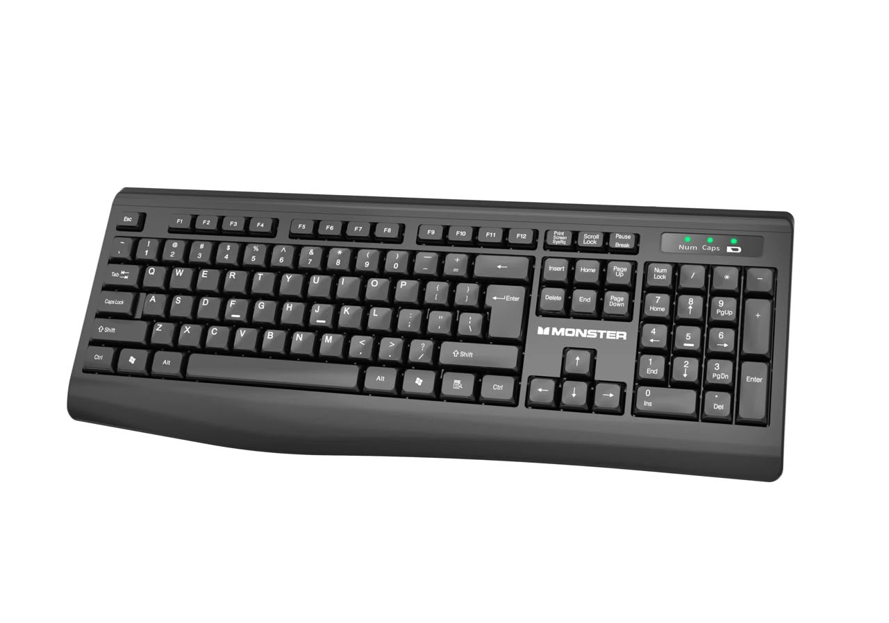 Monster wireless full size keyboard with numeric keypad in black for office and home use