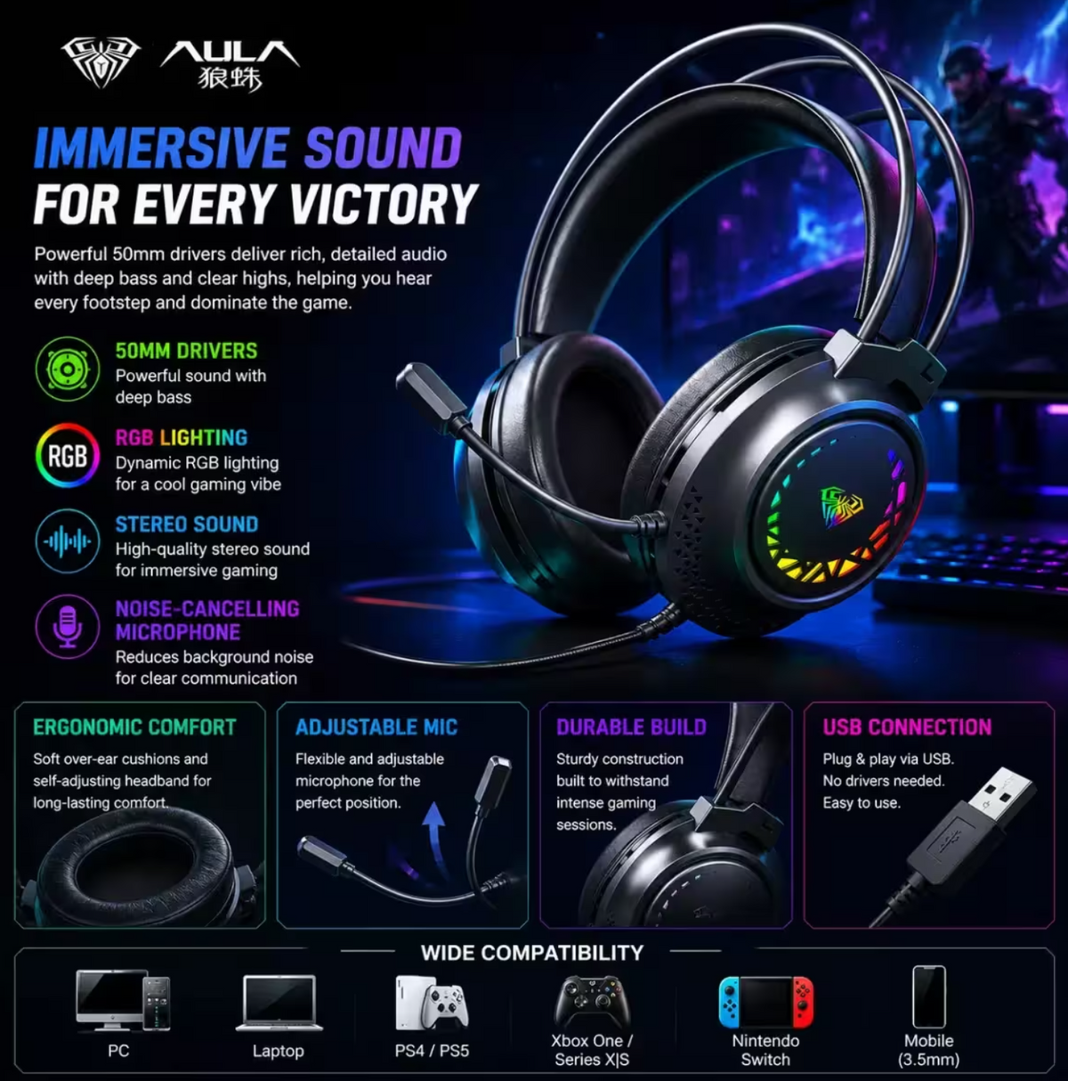 AULA S611 USB RGB Gaming Headset Wired Stereo Over-Ear Gaming Headphones