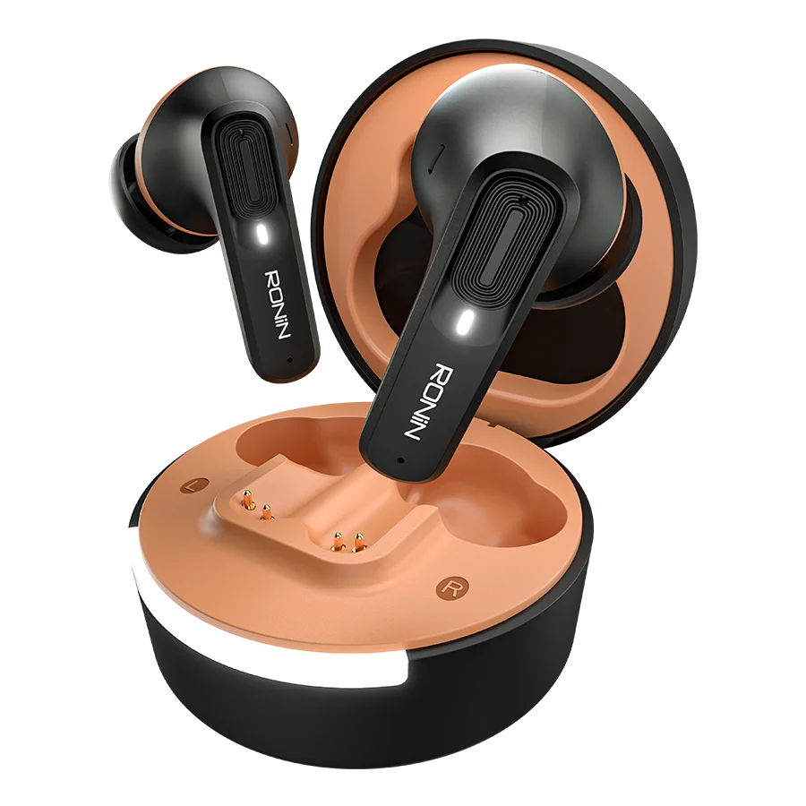 Ronin Airbud 7100 black wireless earbuds with charging case