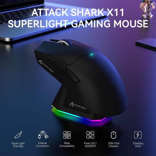 Attack Shark X11 Black superlight gaming mouse on desk with charging dock
