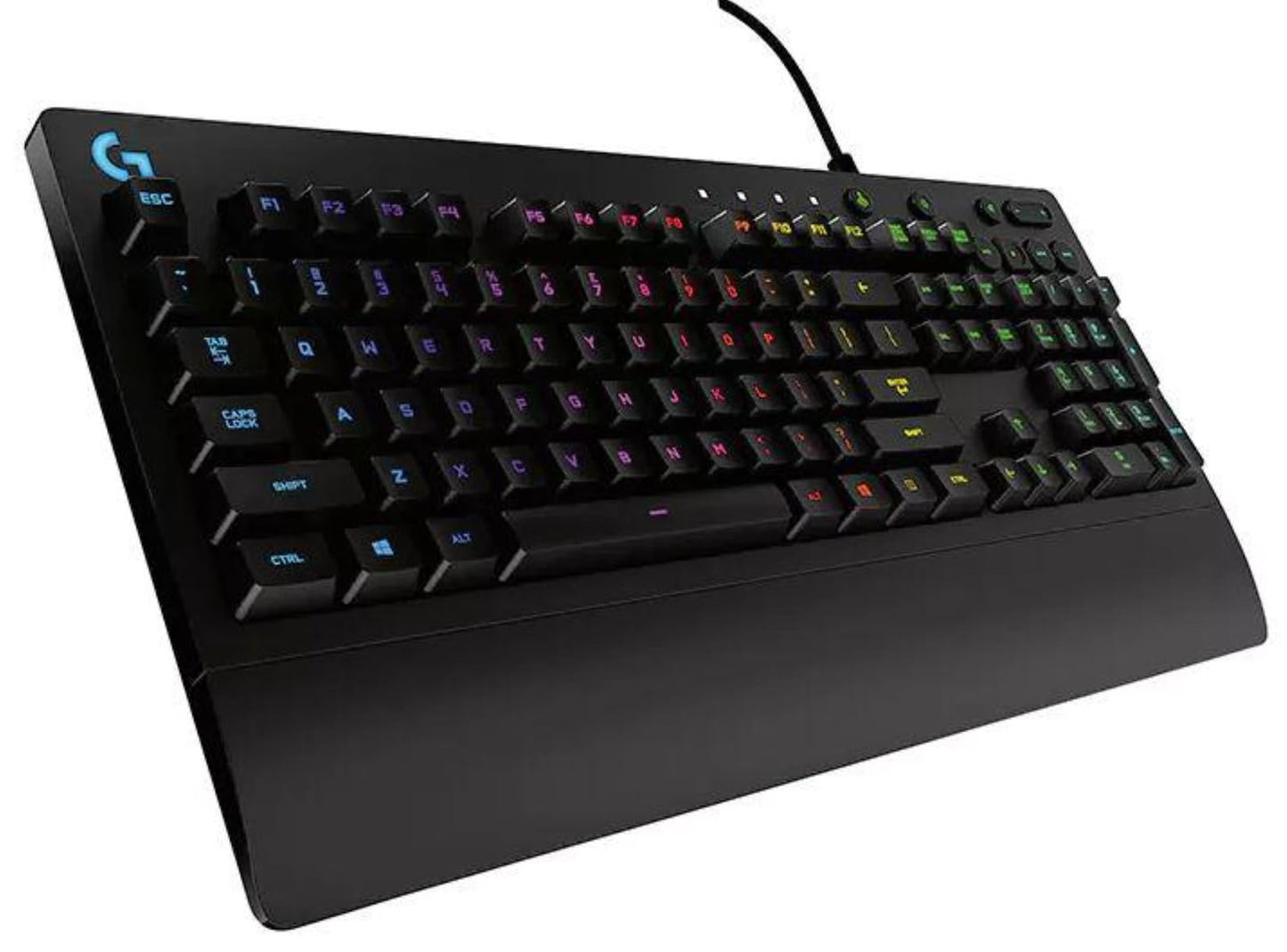 Logitech G213 gaming keyboard with RGB backlit keys and palm rest in black