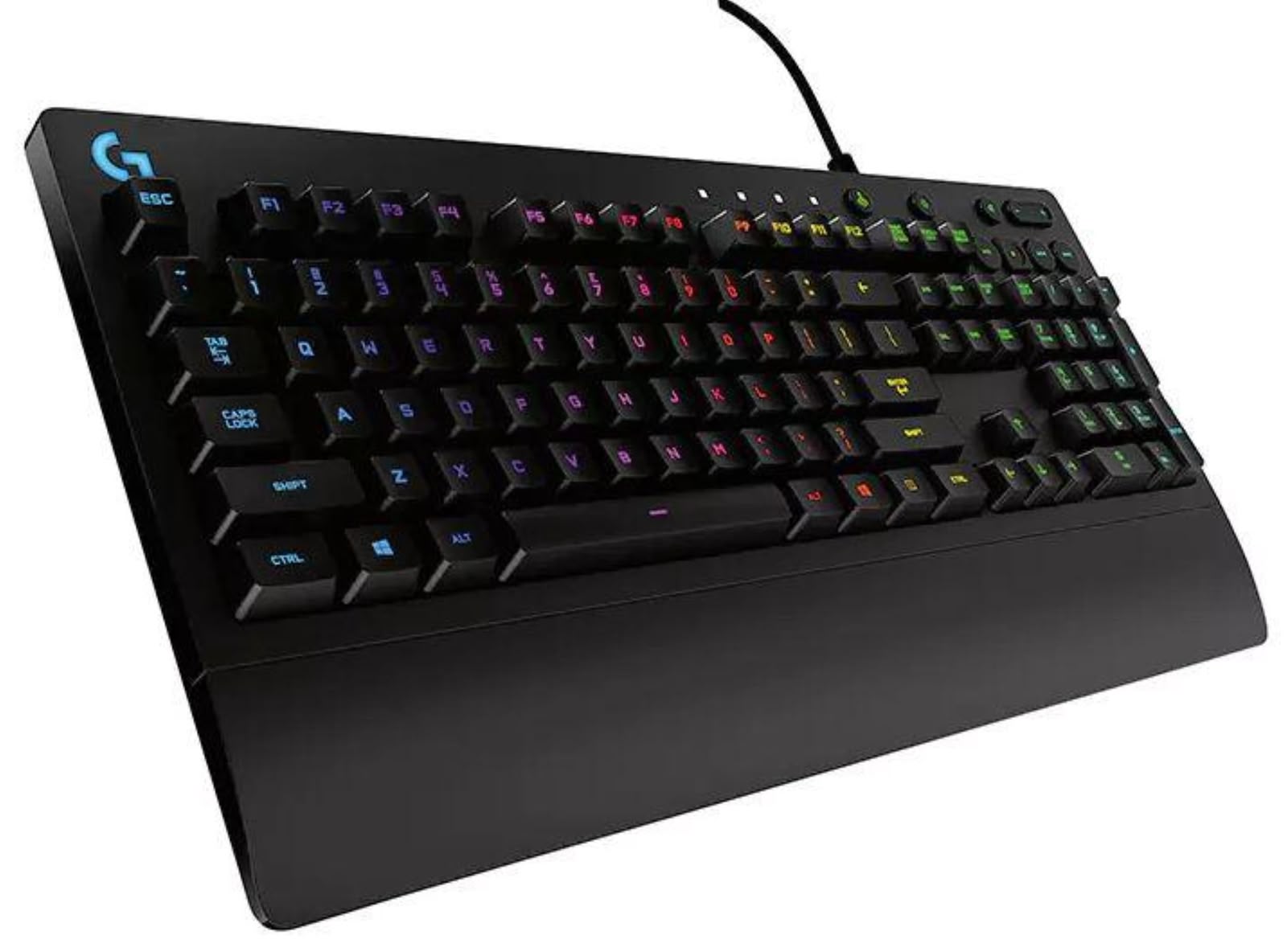 Logitech G213 gaming keyboard with RGB backlit keys and palm rest in black