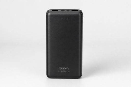 Remax RPP72 20000mAh Power Bank black portable charger with LED indicators on a clean studio background