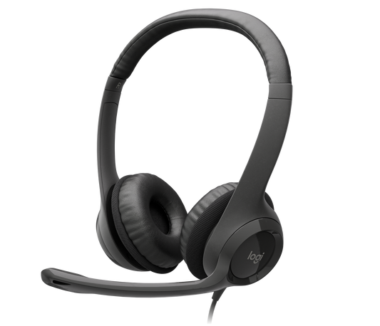 Logitech H390 USB-C Noise Canceling Stereo Headset with padded headband and leatherette ear cushions in black