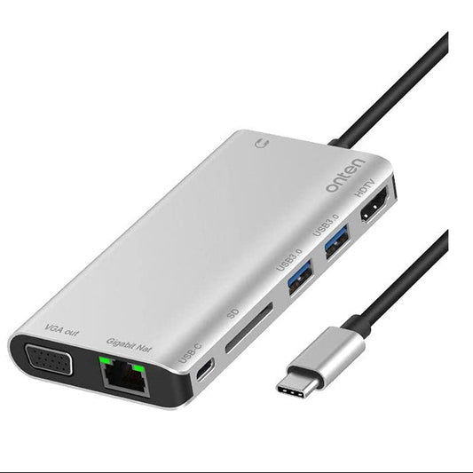 Onten OT-9591B 8-in-1 Type C multi hub with HDMI, VGA, RJ45 LAN, USB 3.0, SD TF card reader and PD charging